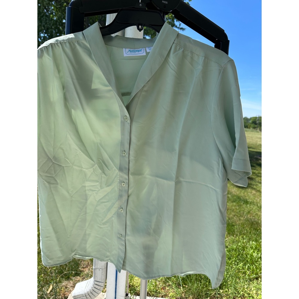 National Women's Mint Green Short Sleeve Button Down Blouse Camp Collar XL